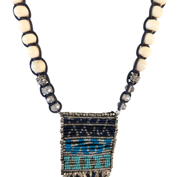 Chico's Boho Beaded Necklace Tassel Pendant Ethnic Wood Acrylic Cream Blue Green - Picture 8 of 11